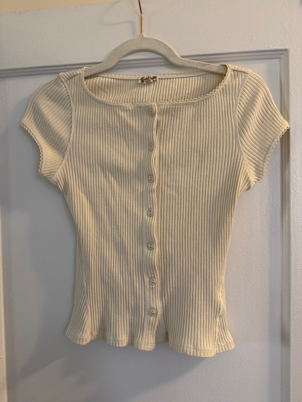 Free People Cream Ribbed Button-Front Short Sleeve Top - Picture 4 of 6